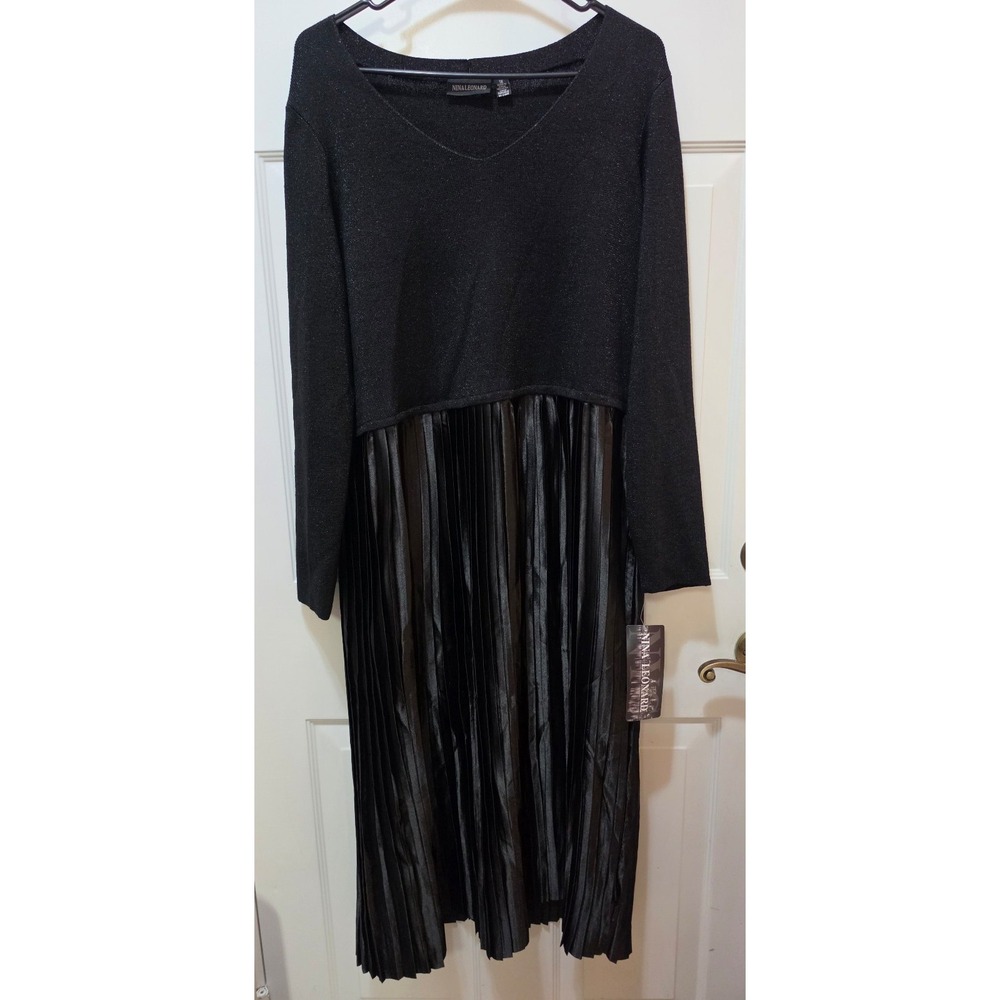 NWT Nina Leonard 2X Black Metallic Lurex Sweater Pleated Midi Dress Plus Size